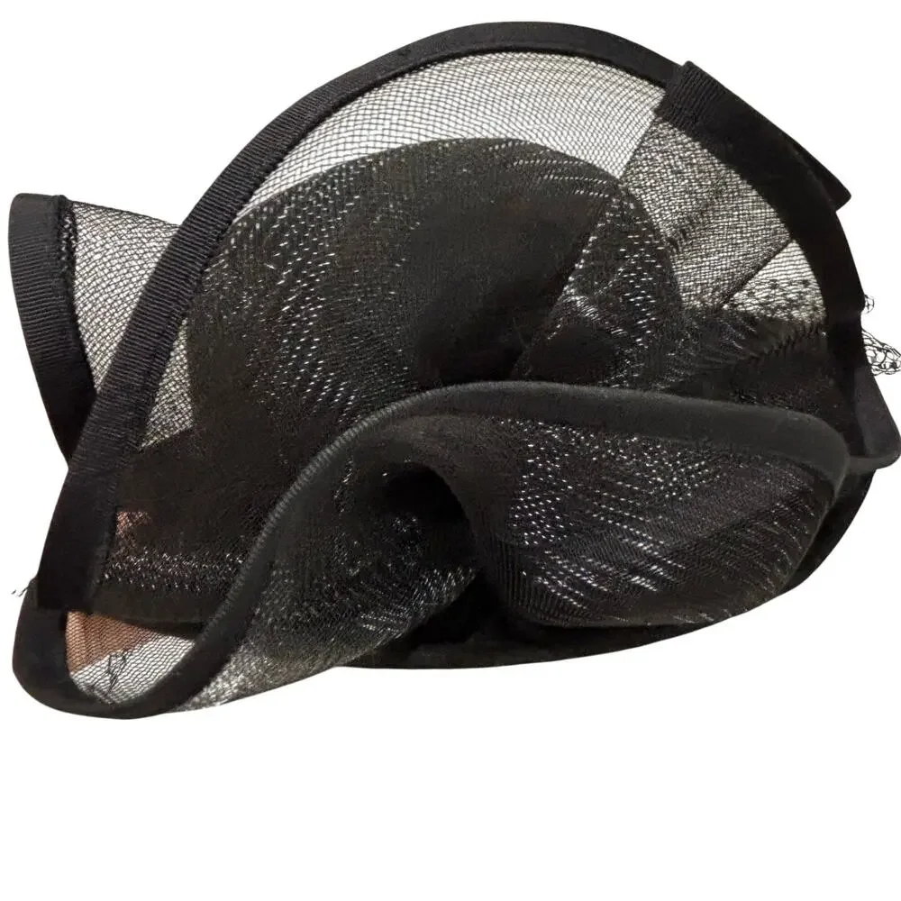 Dressy black felted wool hat large netting bowl & mesh fascinator made in USA